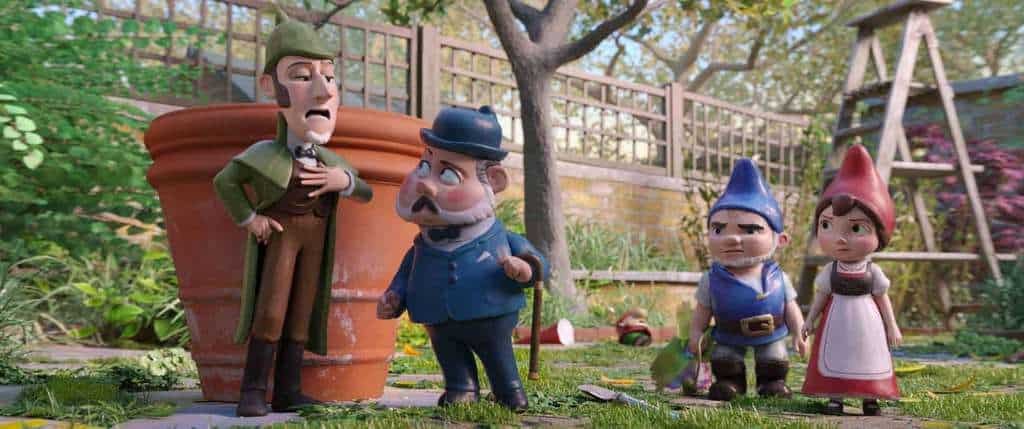 Sherlock Gnomes, Watson, Gnomeo and Juliet in Sherlock Gnomes from Paramount Pictures and MGM.